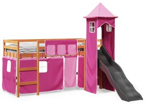 Cama alta para criança com torre 80x200 cm pinho maciço rosa