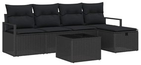 Conjunto de Sofá de Jardim de 6 Peças com Almofadas em Rattan Preto