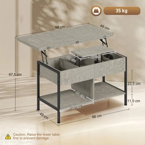Mesa de centro elevável e extensível 98 x 49 x 55 cm,, com compartimento oculto e prateleiras abertas, cinzenta