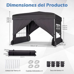 Tenda Dobrável de Exterior feiras, eventos, festas, 300 x 300 x 250-268 cm, 4 Paredes Removíveis e 4 sacos areia Preta