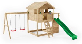 Parque infantil Crianças Exterior Madeira GALAXY SUNSHINE KDI com Escorrega Verde, Baloiço Duplo, casa com telhado, parede escalada, leme, telescópio