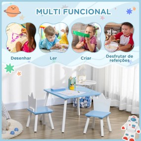 Conjunto de Mesa e 2 Cadeiras Infantil Mesa Infantil Móveis de Madeira Crianças para Sala de Estar Brinquedoteca Dormitório 68x68x47cm e 30x30x51,5cm Azul