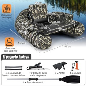 Barco de pesca Insuflável  Suporte de cana Bolsos de vara Remo Bomba portátil Barco de pesca Carga 150 kg Camuflado
