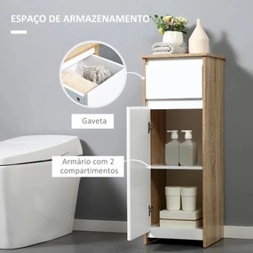 Armário Casa de Banho Baixo Armário de Madeira com Gavetas e 2 Prateleiras para Sala de Estar Dormitório Cozinha 32,6x30x90cm Natural e Branco