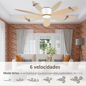 HOMCOM Ventoinha de Teto Motor DC Ø132x18 cm com Controle Remoto 3 Lâminas Reversíveis 6 Velocidades e Temporizador Silencioso para Dormitórios Sala de Jantar Branco e Natural