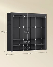 Guarda roupa de tecido 45 x 188 x 176 cm com 3 compartimentos suspensos, preto