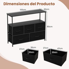 Cômoda para quarto com 5 gavetas 100 × 30 × 80 cm com 2 prateleiras abertas de madeira e estrutura metálica resistente preto