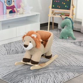 Baloiço Infantil em Forma de Leão de Pelúcia para Bebés 18-39 Meses com Som Cinto de Segurança Guidão Apoio para os Pés 68x35x50cm Castanho
