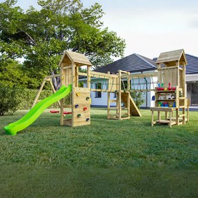 Parque infantil Crianças Exterior Optimizer KDI Escorrega Verde, Baloiço Duplo, corda esclada, parede escalada