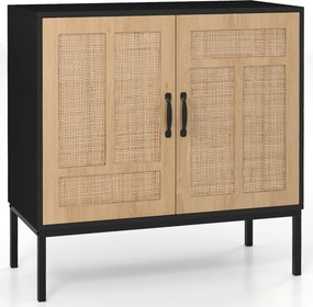 Aparador 80 x 38 x 81 cm com 2 portas em rattan natural, prateleira ajustável em 3 posições, pés metálicos preto.