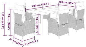 7 pcs conjunto jantar p/ jardim c/ almofadões vime PE castanho