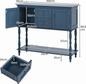 Mesa Consola de Estilo Vintage, 100 x 36 x 86,5 cm, Amplo Espaço de Arrumação, Azul
