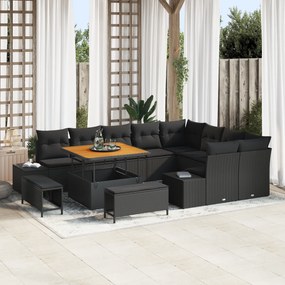 Conjunto de Sofá de Jardim vidaXL 12 Peças com Almofadas Preto Rattan