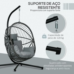 Cadeira Suspensa com Suporte Jardim Cadeira Baloiço de Exterior com Cesta Dobrável Almofada e Apoio para a Cabeça 120x106x188 cm  Cinza
