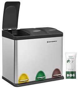 Lixeira de reciclagem SONGMICS, Lixeira de pedal 3 em 1, Lixeira de metal de 24 litros, Sistema de separação de resíduos, Lixeira para cozinha, Fácil de limpar, Aço, Prata LTB24L