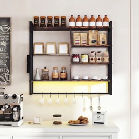 Prateleira suspensa 107 x 24 x 96 cm com luzes LED, controlo remoto via app, 6 níveis, 8 ganchos em S e bolso lateral para cozinha, bar ou casa – Cast