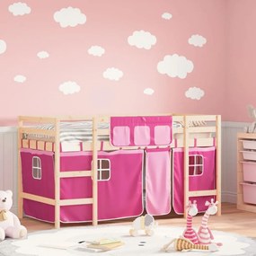 vidaXL Cama alta p/ criança c/ cortinas 90x200 cm pinho maciço rosa