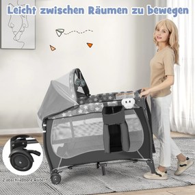 Cama de bebê 4 em 1, berço portátil, cama de viagem com colchão dobrável e trocador, cinza claro