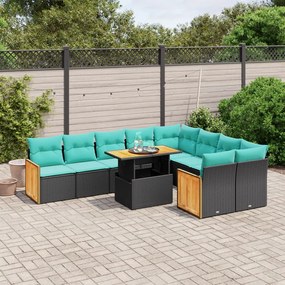 vidaXL 10 pcs conjunto de sofás p/ jardim c/ almofadões vime PE preto