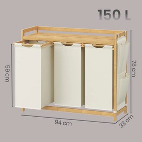 Cesto da roupa suja com 3 compartimentos, bambu 150 L, 93,8 x 33,8 x 78 cm branco