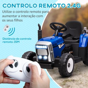 Trator Elétrico com Reboque Amovível com Controlo Remoto Música MP3 Luzes e Cinto de Segurança 136,5x50x52,5 cm Azul