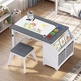 Conjunto de Mesa de Arte Infantil e Banco, 91 x 54 x 49,5 cm, Com Rolo de Desenho, Cinzento + Branco