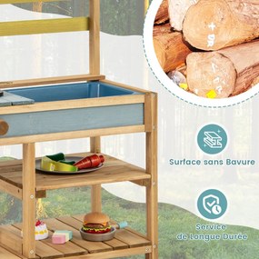 Cozinha de Lama para Crianças, Cozinha de Brinquedo em Madeira de Abeto com Botões de Fogão e Pia Amarela