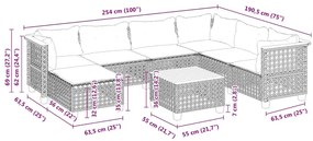 8 pcs conjunto de sofás p/ jardim com almofadões vime PE bege