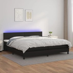 Cama box spring c/ colchão/LED 200x200cm couro artificial preto