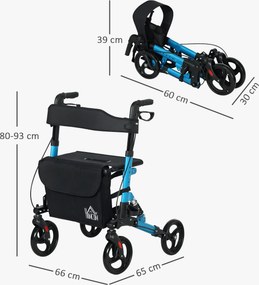 Andarilho Idosos Dobrável de Alumínio com Altura Ajustável Travão e Bolsa de Transporte 66x65x80-93 cm Preto e Azul