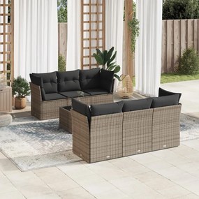 7 pcs conjunto sofás p/ jardim c/ almofadões vime PE cinzento