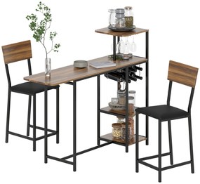 HOMCOM Conjunto de Mesa e Bancos de Bar Mesa Alta de Cozinha com 2 Bancos Laterais Rebatíveis Suporte para Vinhos e Prateleiras Estilo Industrial Castanho e Preto