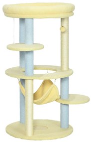 PawHut Arranhador Gatos Centro Atividades Rede Poste Sisal Bola Suspensa Diversão Exercício Ø58x110 cm Amarelo Azul