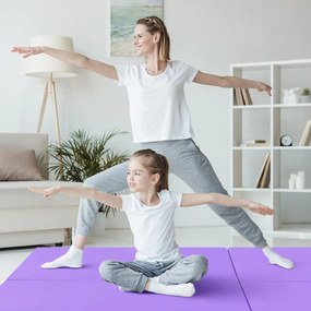 Tapete de exercícios portátil, leve e dobrável de 3 painéis com 2 pegas Ginástica compacta com enchimento de espuma EPE 180 x 60 x 5 cm Púrpura