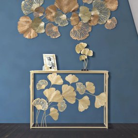 MESA CONSOLA EM FERRO LEAF 108X36,5X80 CM DOURADO