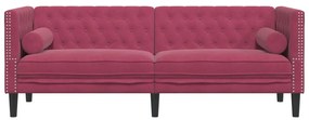 Sofá chesterfield com rolos 3 lugares veludo vermelho tinto