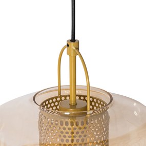 Candeeiro suspenso dourado com vidro âmbar 30 cm oblongo 3 luzes - Kevin Art Deco