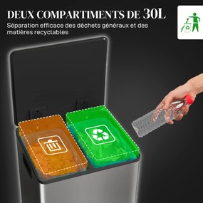 Caixote do lixo de cozinha com 2 compartimentos de 2 x 20 L, com pedal, em aço inoxidável, tampa com fecho suave