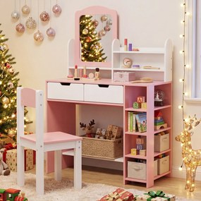 Conjunto de Toucador Infantil com Espelho e Cadeira, 80 x 40 x 118 cm, Arrumação Espaçosa, Cor-de-rosa