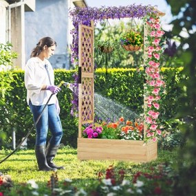 Floreira jardim elevada de madeira com treliça em arco Furo de drenagem 110 x 44 x 182 cm Natural
