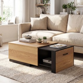 Mesa de centro extensível 80 x 60 x 37 cm em madeira com compartimentos e tampo adicional deslizante, design retangular para sala de estar Natural+Pre