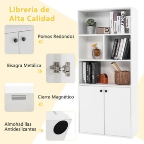Estante de 5 níveis 70 x 29,5 x 155 cm com portas duplas, cubos abertos e prateleira ajustável 155 cm para sala, quarto, escritório Branco