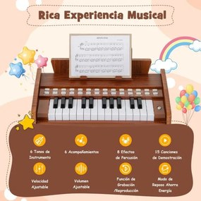 Teclado de piano para crianças 38 x 23 x 27 cm com 25 teclas digital em madeira com velocidade e volume ajustáveis Modo de ensino Castanho