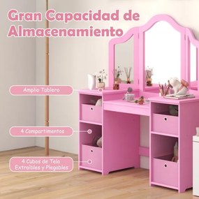 Toucador Princesa para crianças com 4 prateleiras grandes e espelho de plástico com 3 painéis Carga 100 kg 107 x 40 x 117 cm Rosa