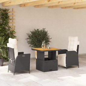 3 pcs conjunto de jantar p/ jardim c/ almofadões vime PE preto