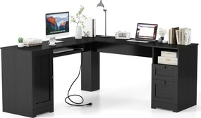 Secretária em forma de L com 2 gavetas inclui 2 tomadas, uma porta USB e uma porta Tipo C Estante ajustável e tabuleiro para teclado Secretária de can