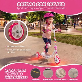 Trotinete Infantil de 3 Rodas, 56 x 32 x 59 cm, Rodas Luminosas LED, Rosa