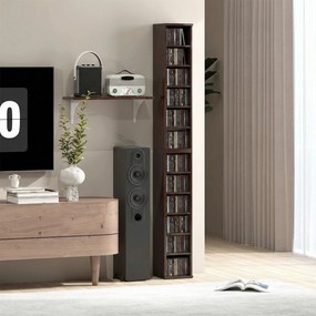 Conjunto de 2 prateleiras verticais para arrumação de CDs e DVDs, com 12 compartimentos, 21 x 22,5 x 88,5 cm, capacidade para 204 CDs, castanho