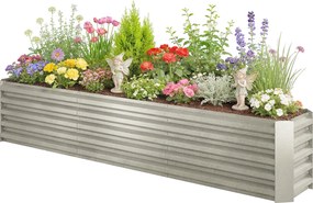 Floreira de horta elevada em aço galvanizado 240 x 40 x 45 cm, com barras de suporte e placas de canto, fundo aberto, cinzento prateado