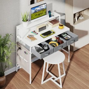 Secretária para computador 110 x 50 x 95,5 cm com tomadas elétricas com banco com suporte para monitor e Gavetas de tecido Branco